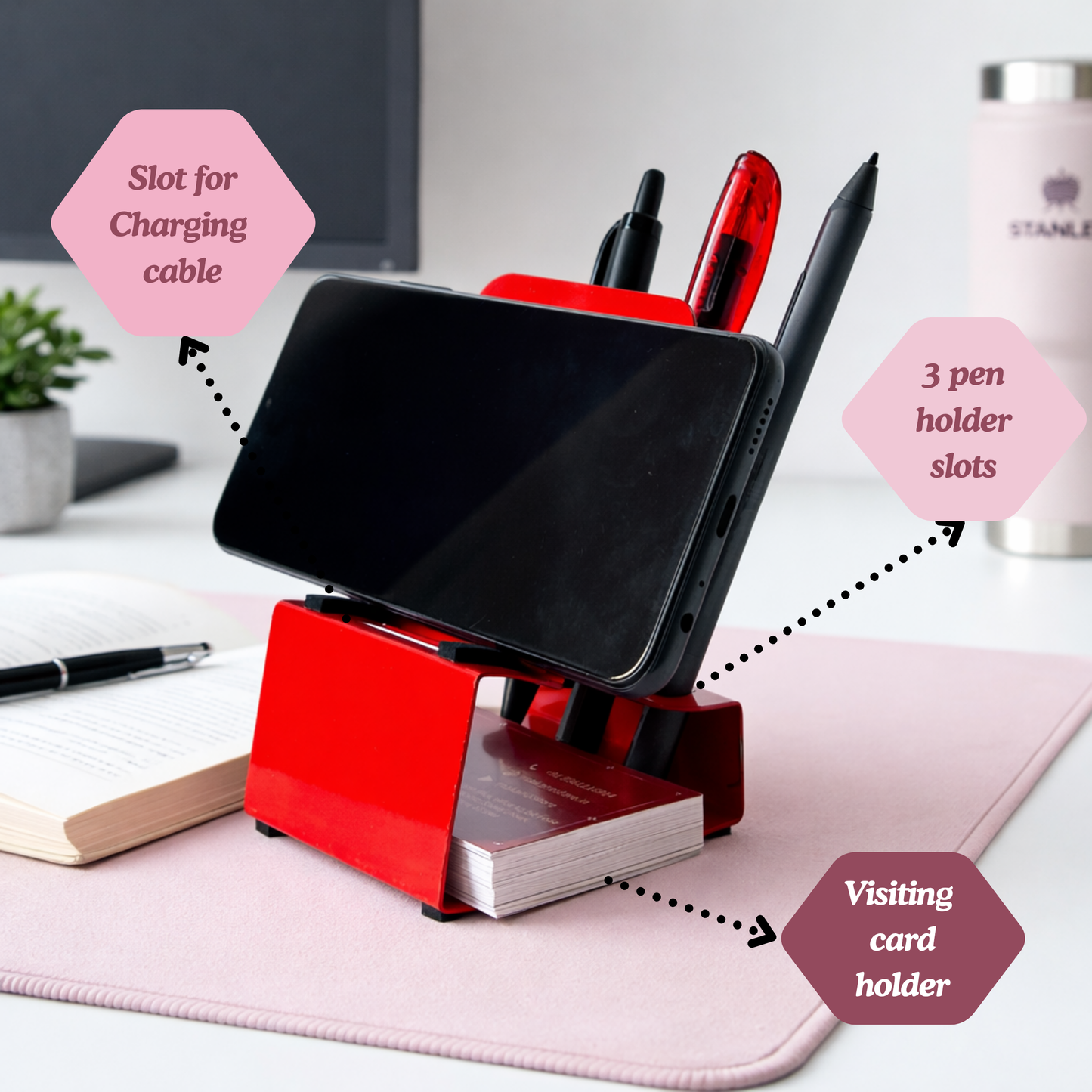 Phone holder with Pen stand (Red)